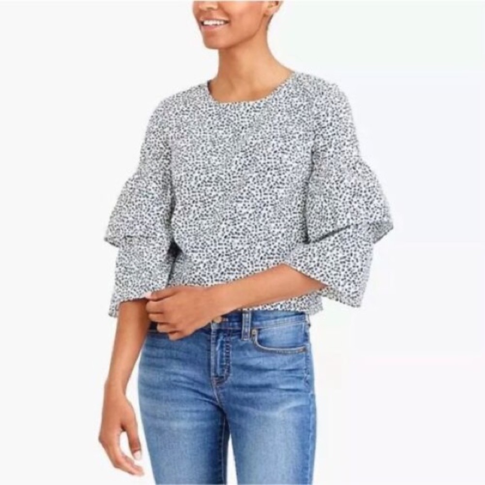 J.Crew Merchantile blue and white floral tiered ruffle sleeve top